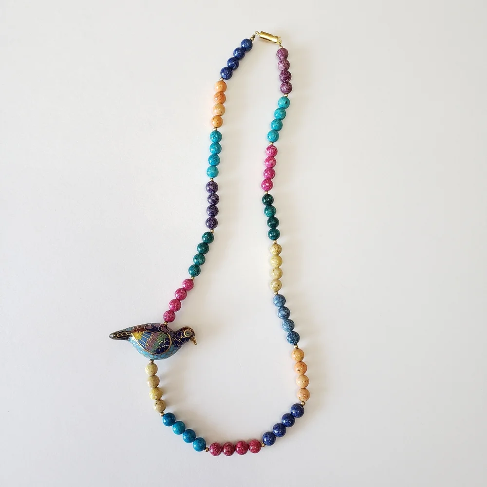 Vintage 1960's Gold Tone clasp, Multi Bead, Cloisonne Bird Necklace, - Picture 4 of 11